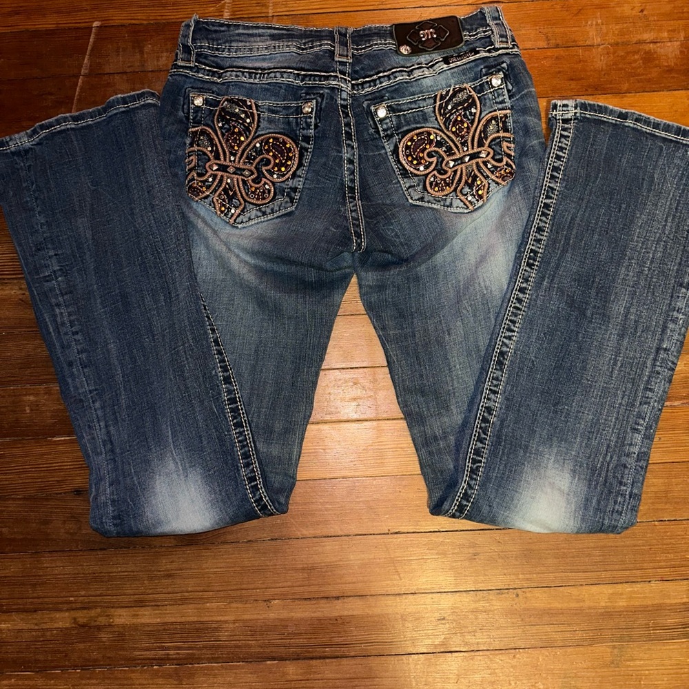 Miss Me Medium Blue Boot-Cut Jeans with Embellished Fleur-de-Lis Pockets